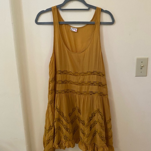 INTIMATELY FREE PEOPLE ELEGANT BOHO MUSTARD LACE SLEEVELESS BLUE POLKA DOT DRESS - Picture 4 of 8